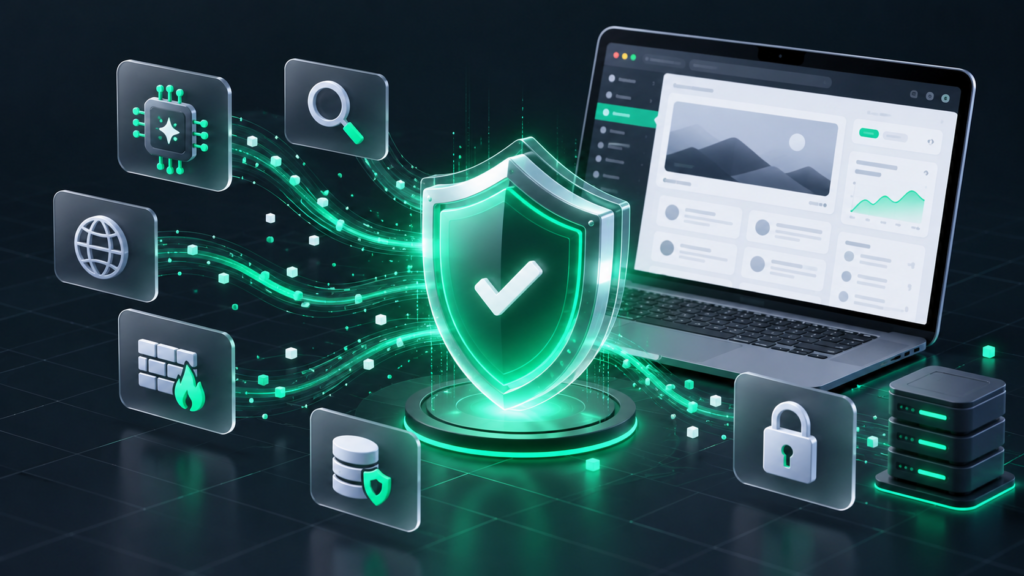 Isometric illustration of AI website security shielding a digital laptop dashboard with soft 3D neumorphic security icons.