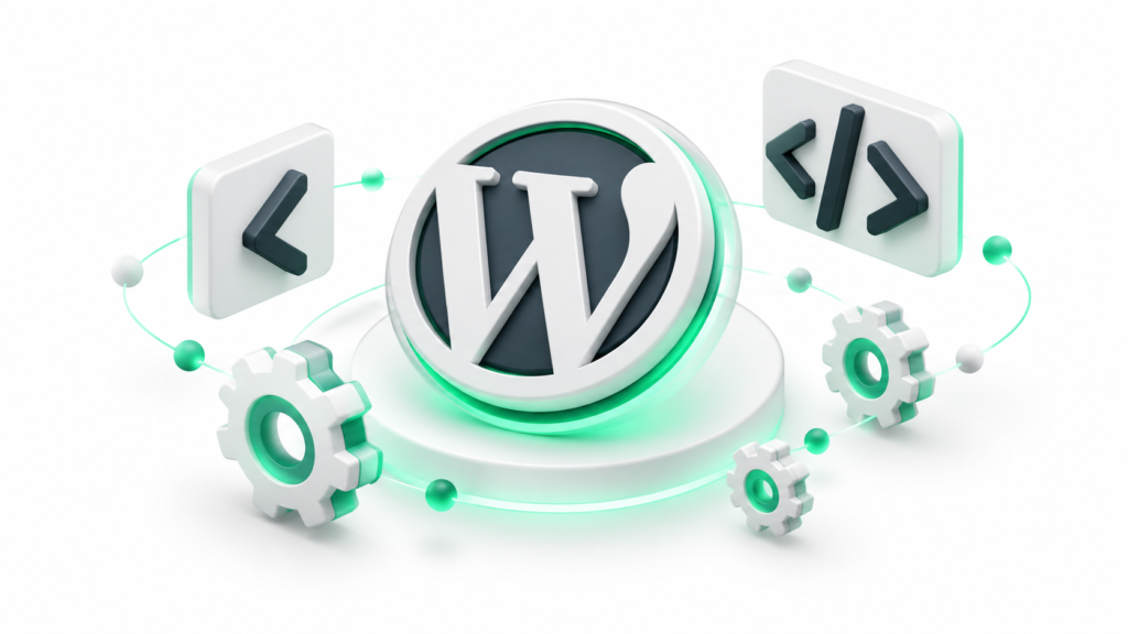An isometric vector illustration displaying coding brackets, gear systems, and the WordPress logo, representing WordPress plugin development in a modern neumorphic design style.