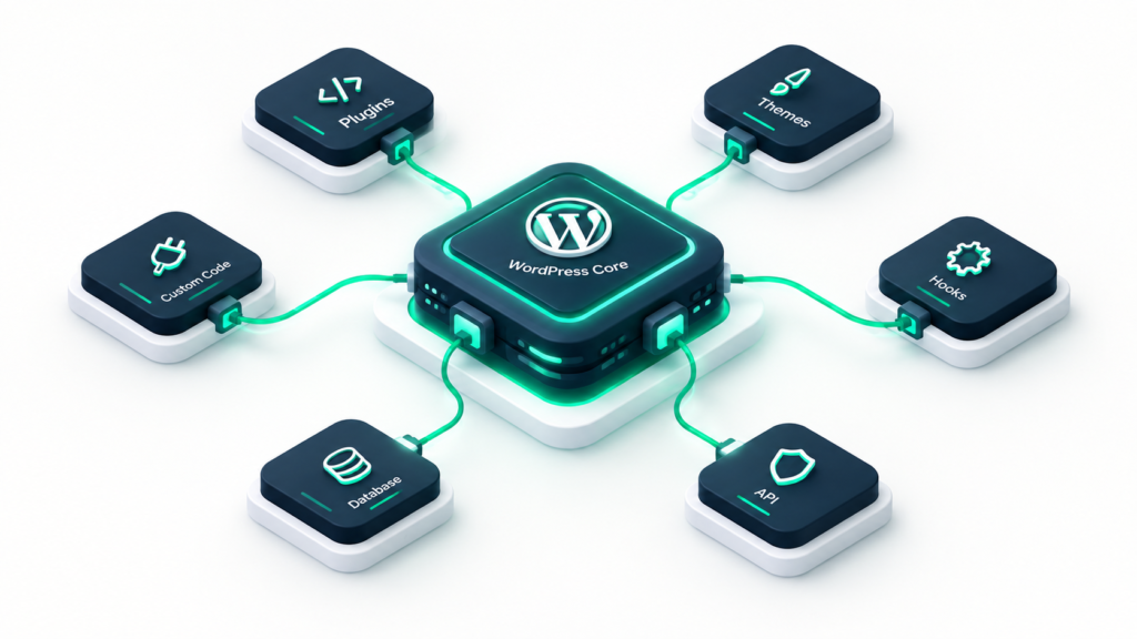 An isometric vector illustration showing how WordPress action hooks connect custom functions to the core codebase.