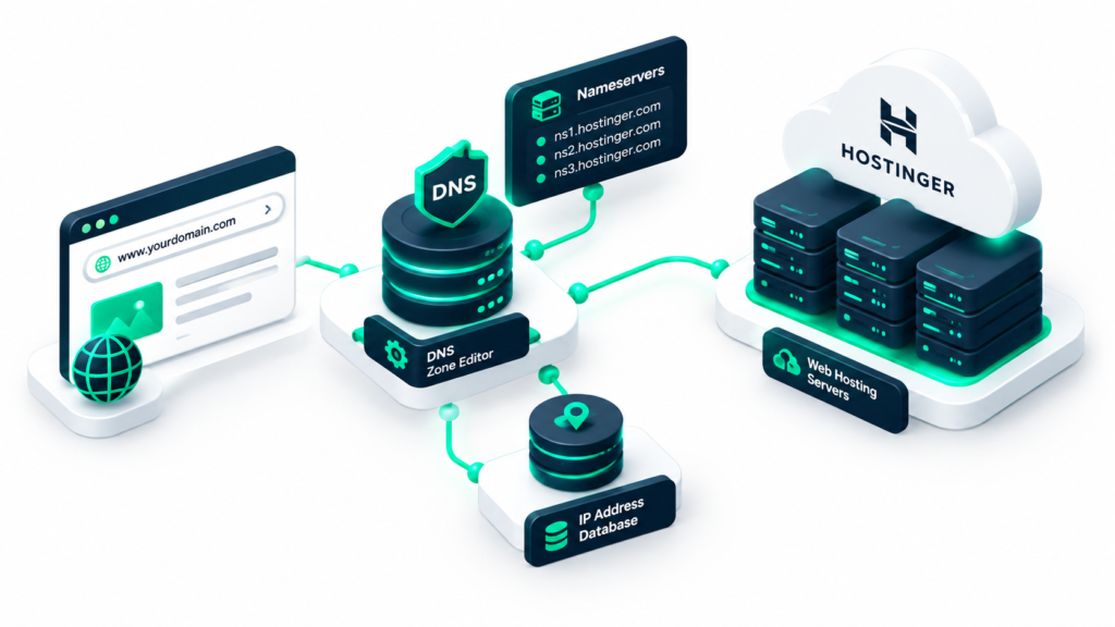 Isometric 3D illustration showing domain nameservers pointing to Hostinger cloud web server and hPanel DNS settings interface.