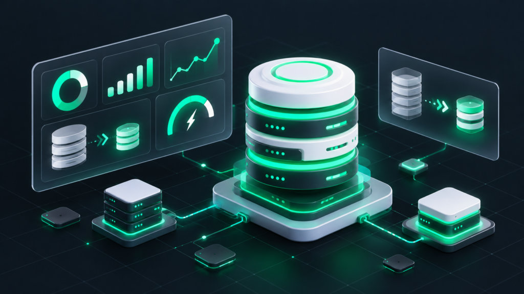 An isometric vector illustration showing how to optimize WordPress database tables with a clean neumorphic interface, glowing green nodes, and modern server graphics.