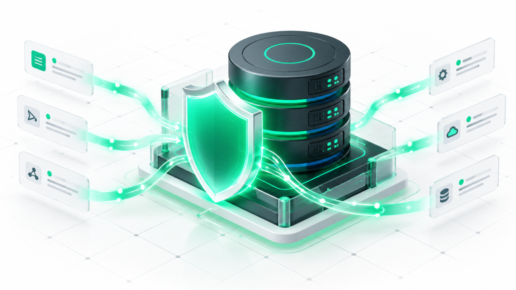 Modern neumorphic illustration representing a secure WordPress API with glowing authentication shields and locks