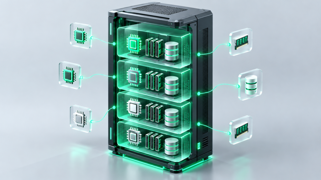 Isometric visual explaining what is a VPS server architecture showing virtual private server partitioning with isolated CPU and RAM resources.