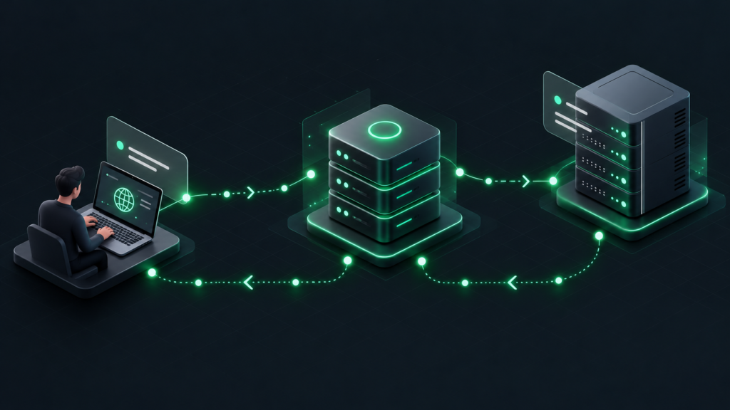 An isometric neumorphic diagram explaining what is DNS, showing a computer resolving a domain name to a web server via DNS records.