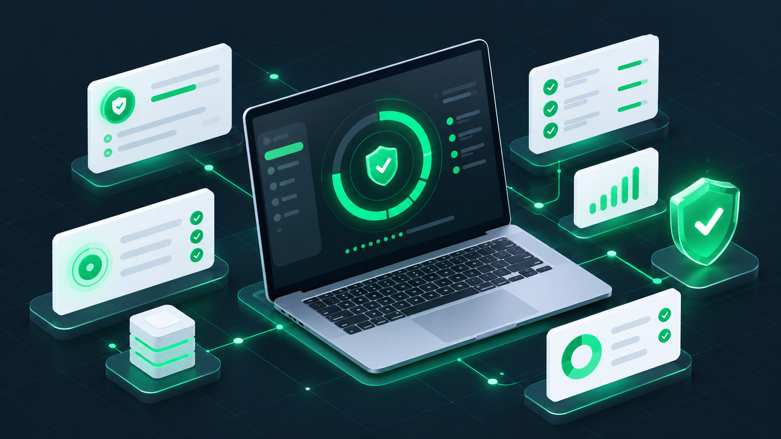 A sleek isometric dashboard of a web security scanner performing a website vulnerability assessment.
