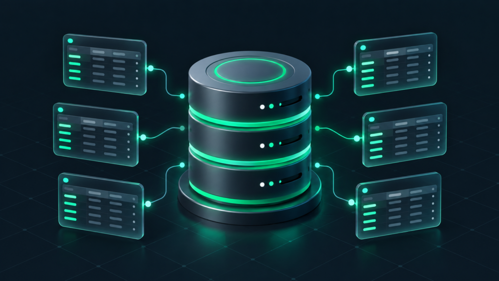 An isometric illustration showing a clean and organized WordPress database in a modern neumorphic style with green and dark colors.
