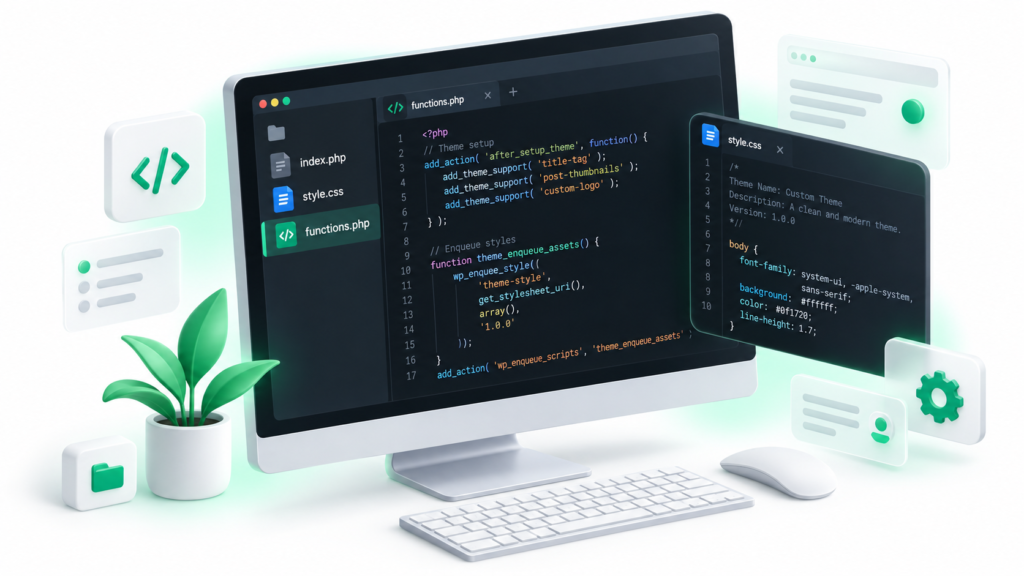 Isometric diagram displaying style.css and template folder structure of a custom WordPress theme