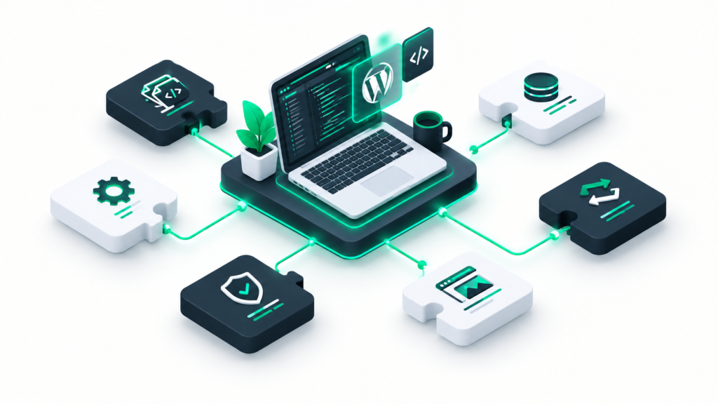Isometric illustration of development environment for our custom plugin tutorial