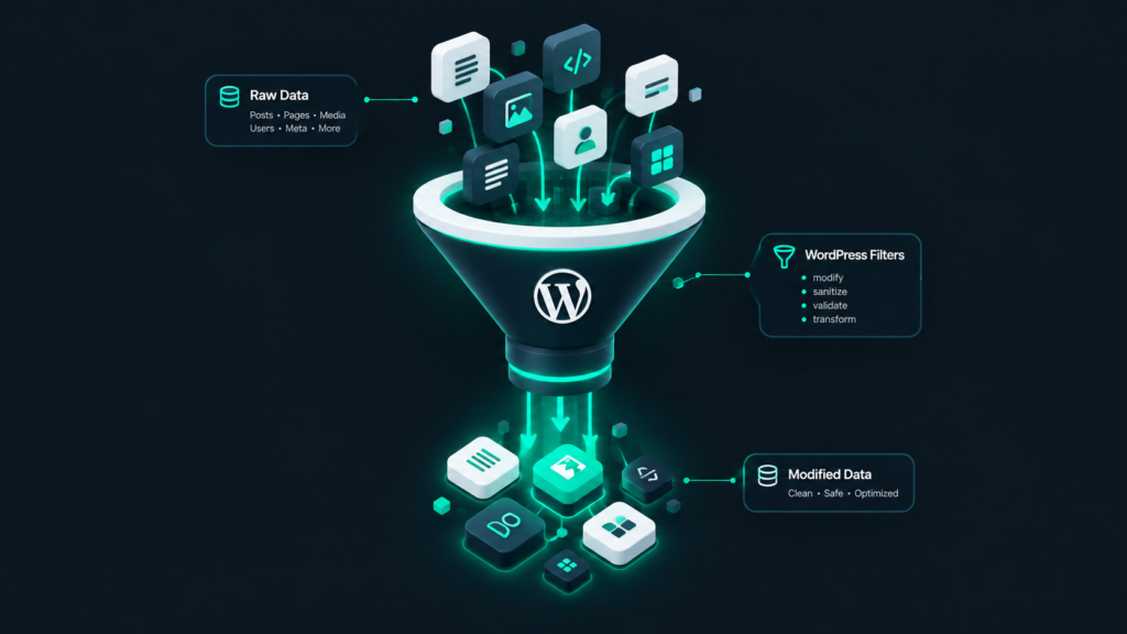 Isometric vector illustration of a WordPress data filter funnel showing the input and output of modified data