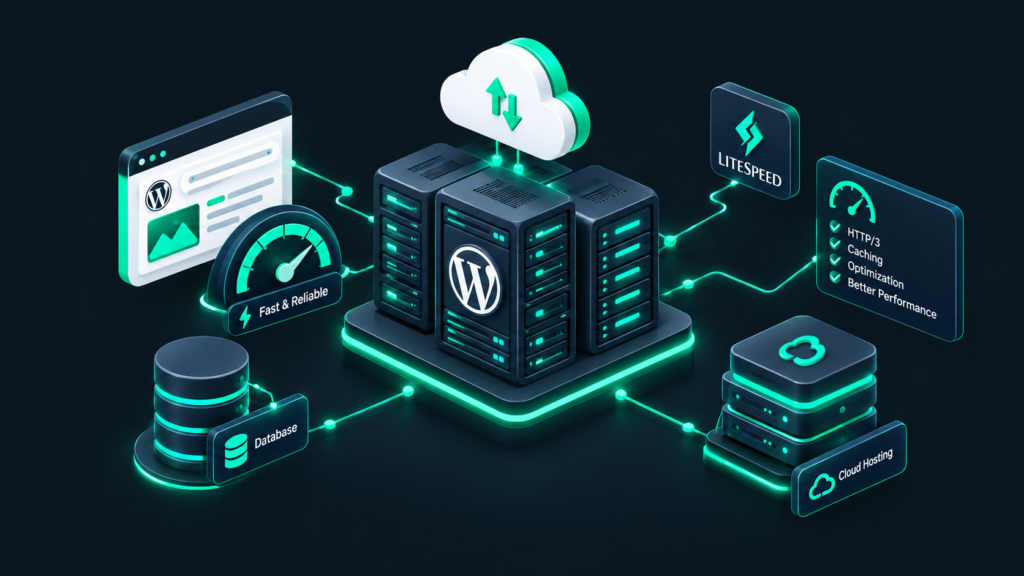 Hostinger WordPress hosting cloud server architecture with performance optimization icons