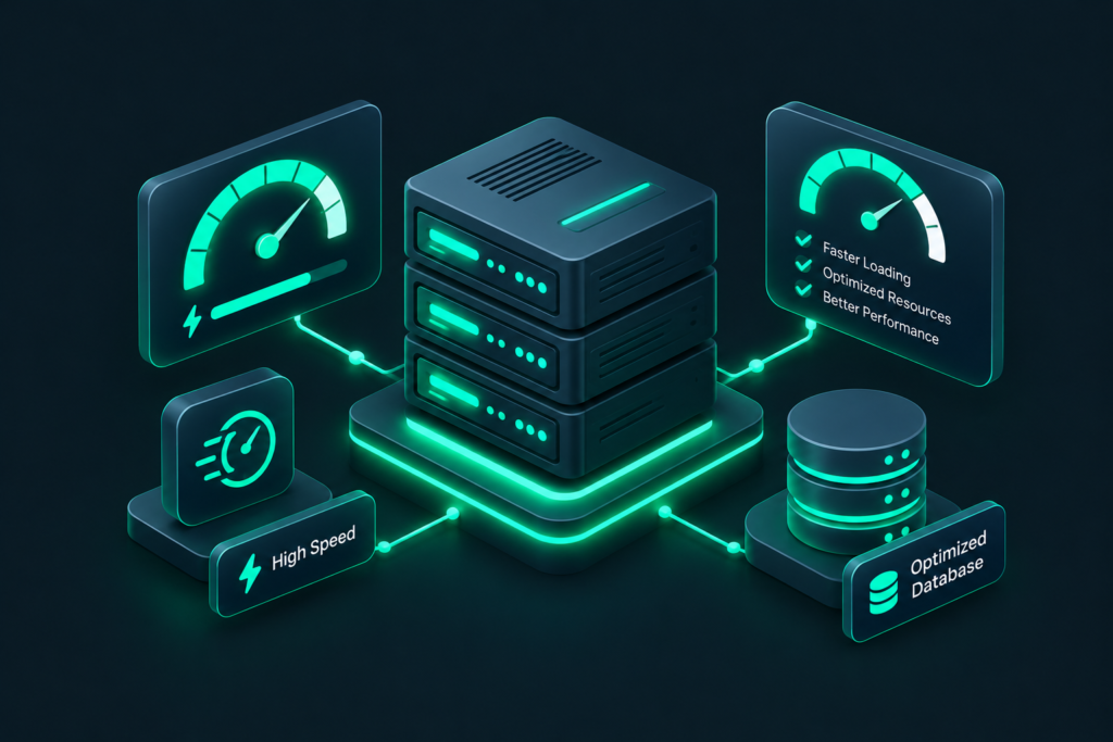 Isometric vector illustration showing a server and lightning bolt representing website performance and speed optimization