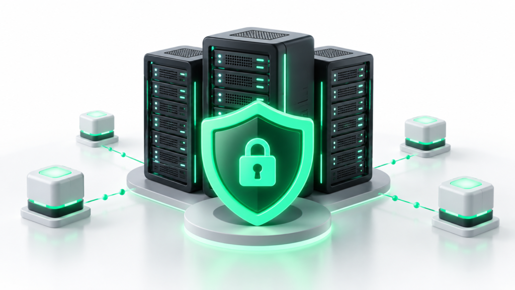 An isometric vector illustration representing website data security with a glowing green shield protecting server databases