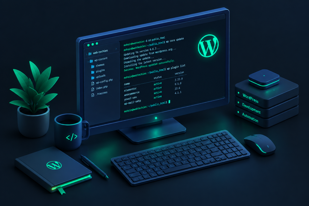 WP-CLI terminal command line interface running on a developer workstation.