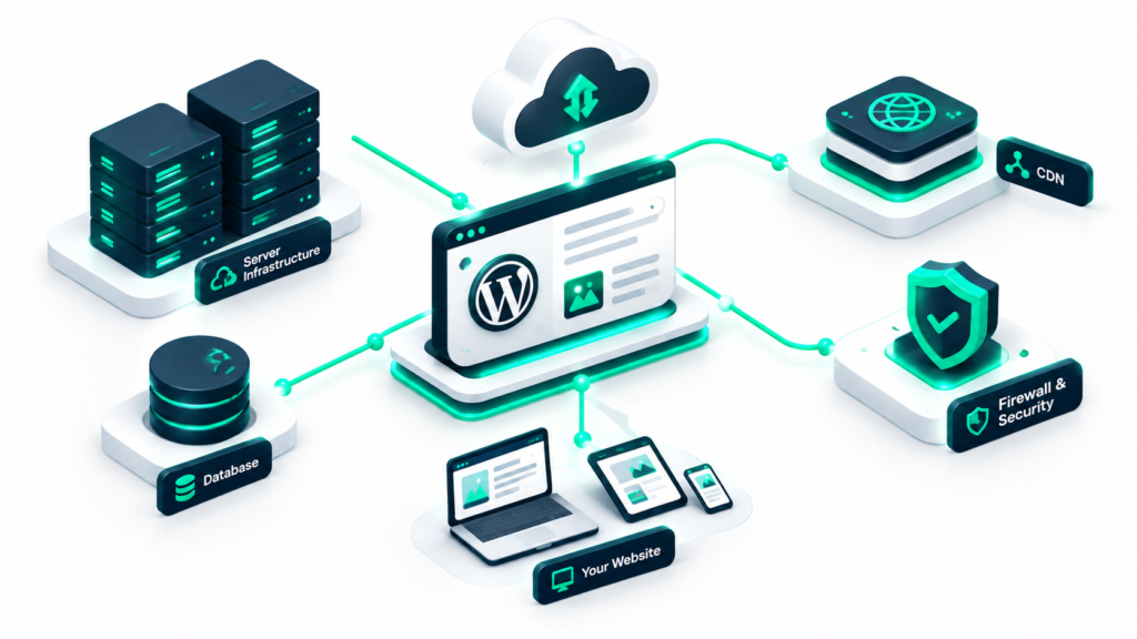 Web hosting for WordPress architectural diagram showing cloud server connections and website database in modern green and dark neumorphic style