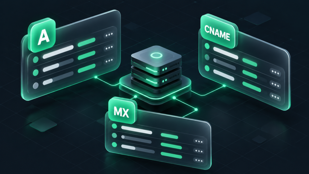 Visual representation of how to change DNS on hosting showing modern web control panel dashboard UI with DNS configuration records