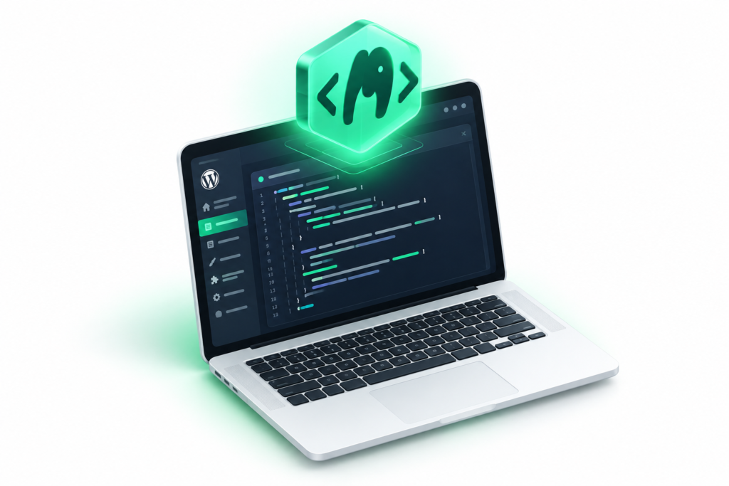 PHP for WordPress development vector illustration showing a clean coding environment with a laptop screen displaying code