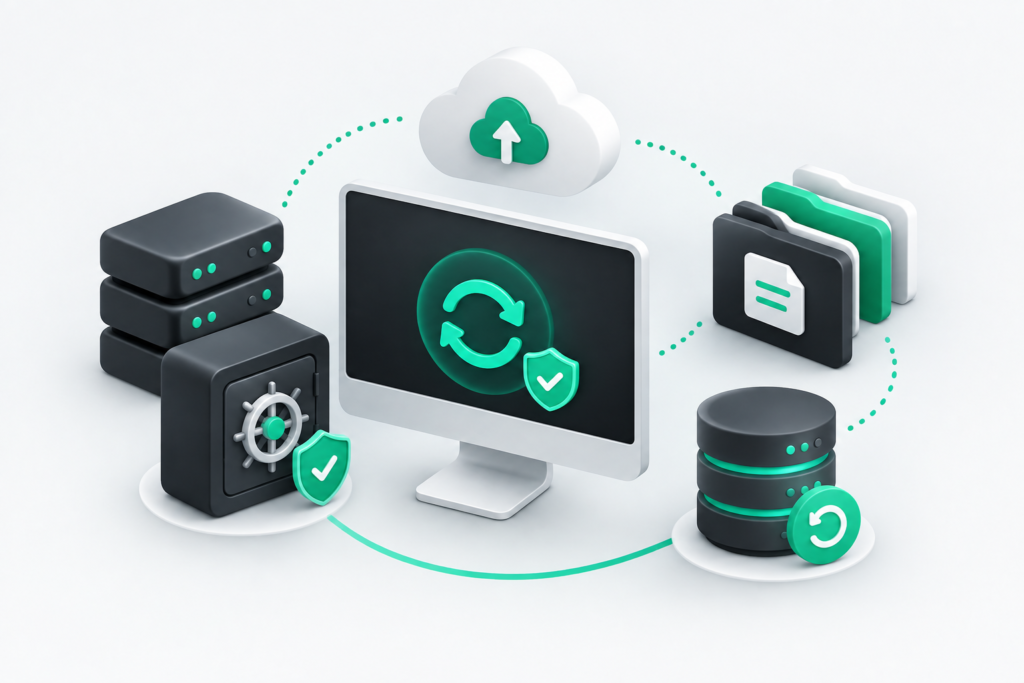 Isometric vector illustration of a secure WordPress website backup being uploaded to cloud storage.