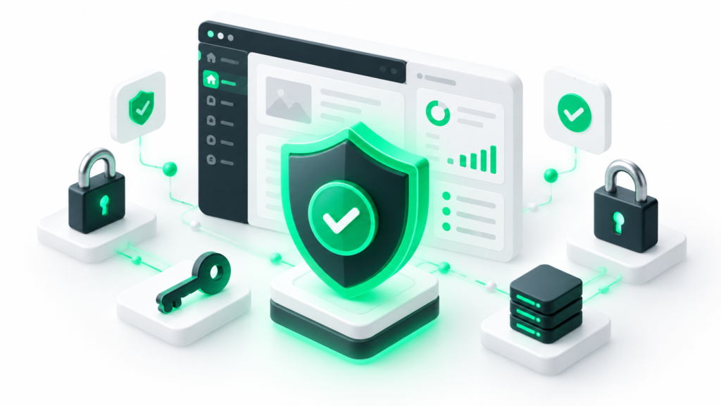 An isometric WordPress security shield in white and green on a clean background illustrating robust website protection