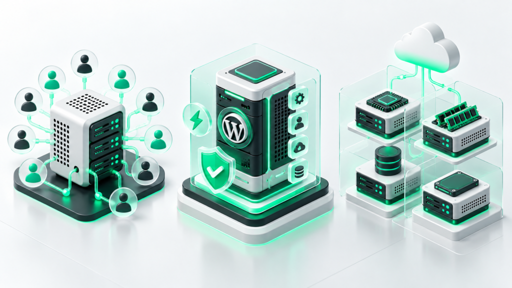 Diagram for WordPress hosting comparison comparing shared hosting, managed WordPress hosting, and VPS server architecture