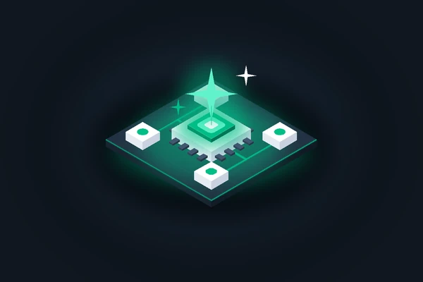 Isometric illustration of an AI chip with glowing workflow nodes
