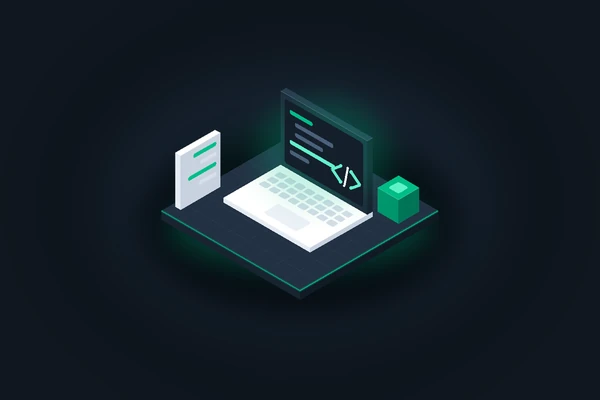 Isometric illustration of a laptop with code and code-block cards