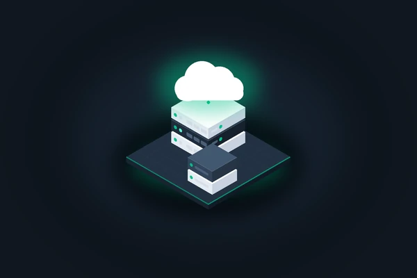 Isometric illustration of server racks with a cloud above
