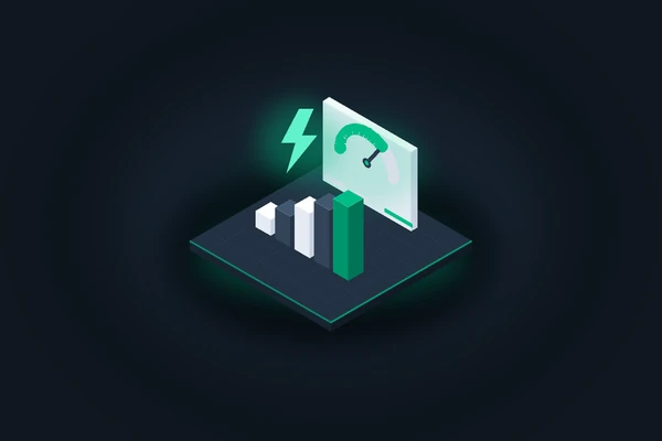 Isometric illustration of a speed gauge dashboard with rising bar chart