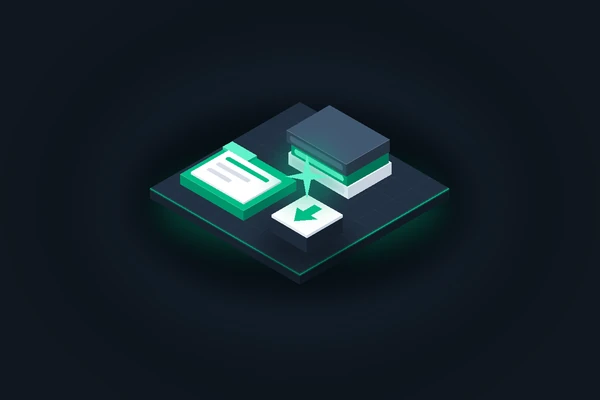 Isometric illustration of books, a folder with documents and a download tile