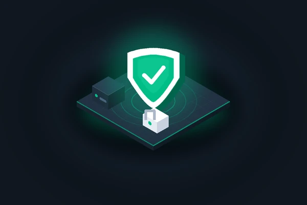 Isometric illustration of a protective shield with checkmark, padlock and scan rings