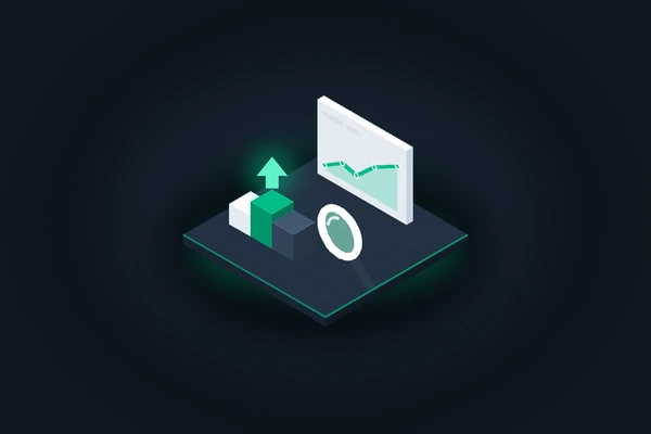 Isometric illustration of a ranking chart dashboard with magnifying glass